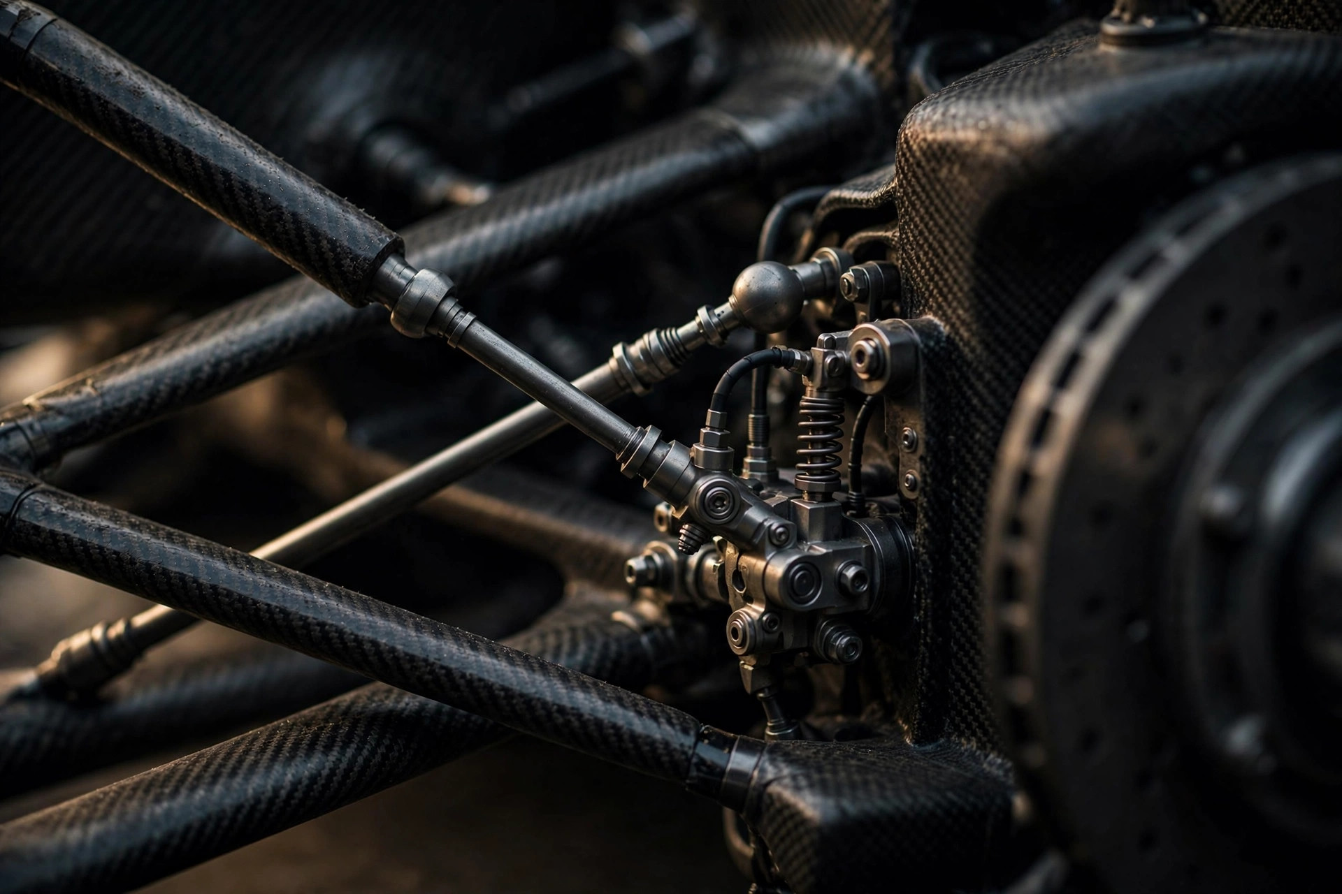 Dark close-up of Formula 1 carbon-fibre suspension wishbones and mechanical components, no branding visible