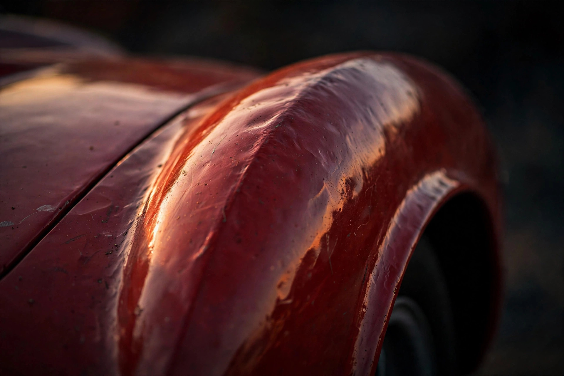 Close-up of a hand-formed red fender curve on a vintage Italian sports car in evening light, no badges visible