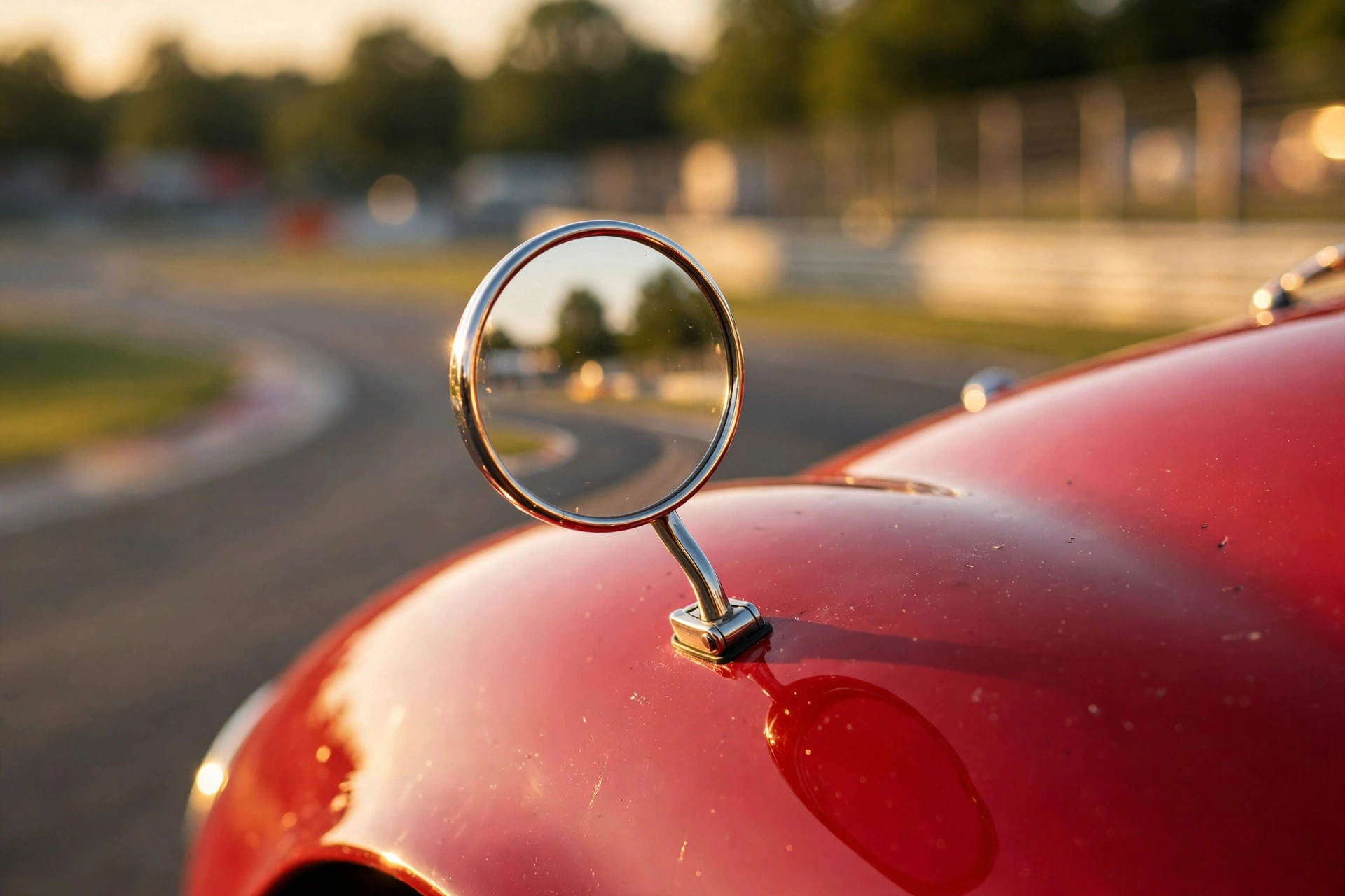 Close-up of a small chrome side mirror on a slender stalk above red bodywork, no emblems visible