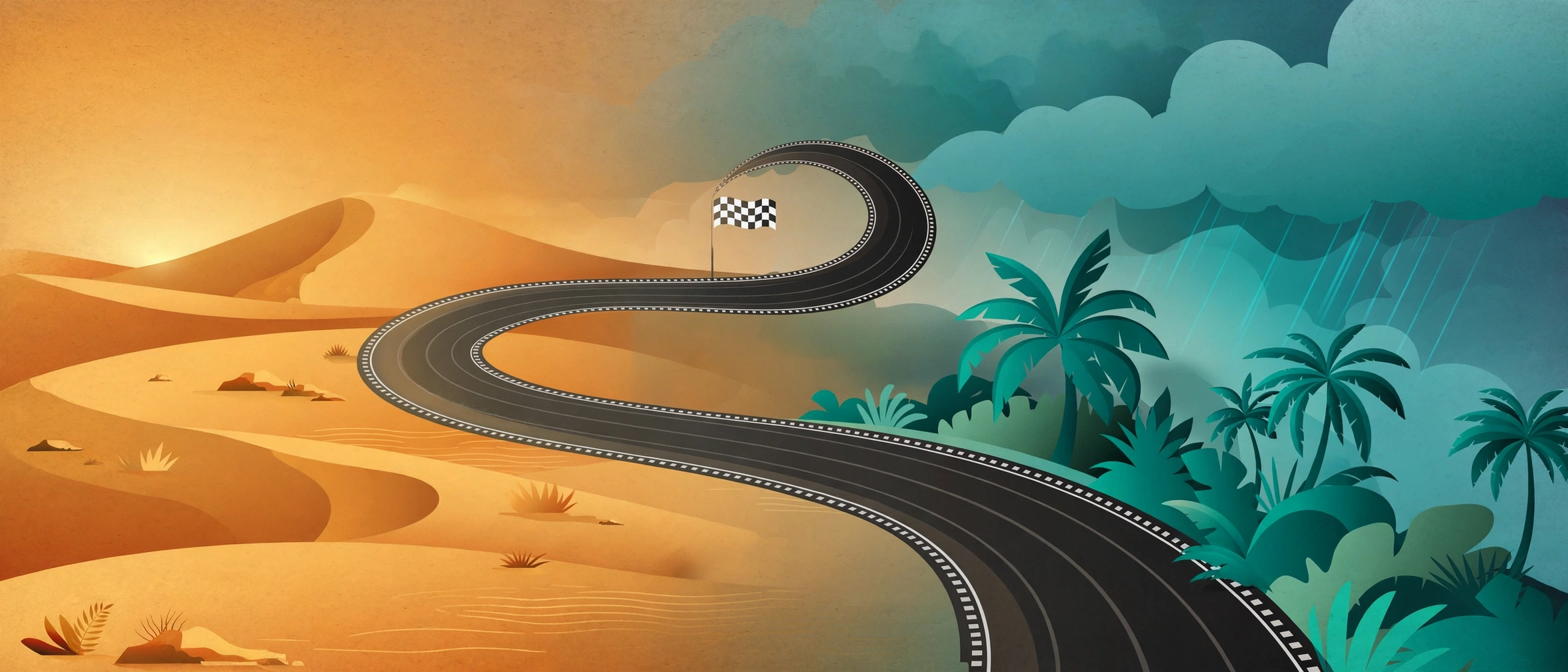 Illustration of a race track ribbon flowing from desert dunes into tropical palm trees under monsoon clouds, with a checkered flag