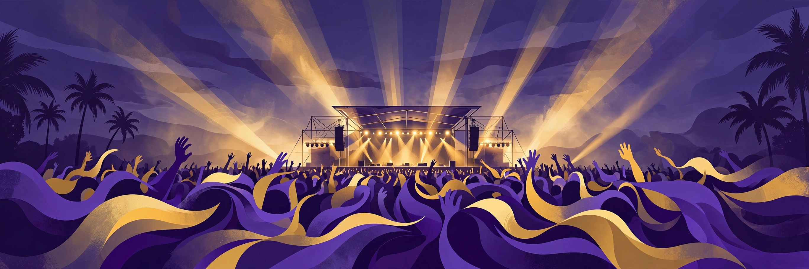 Illustration of a concert stage with golden light beams over an abstract festival crowd at dusk, palm silhouettes at the edges