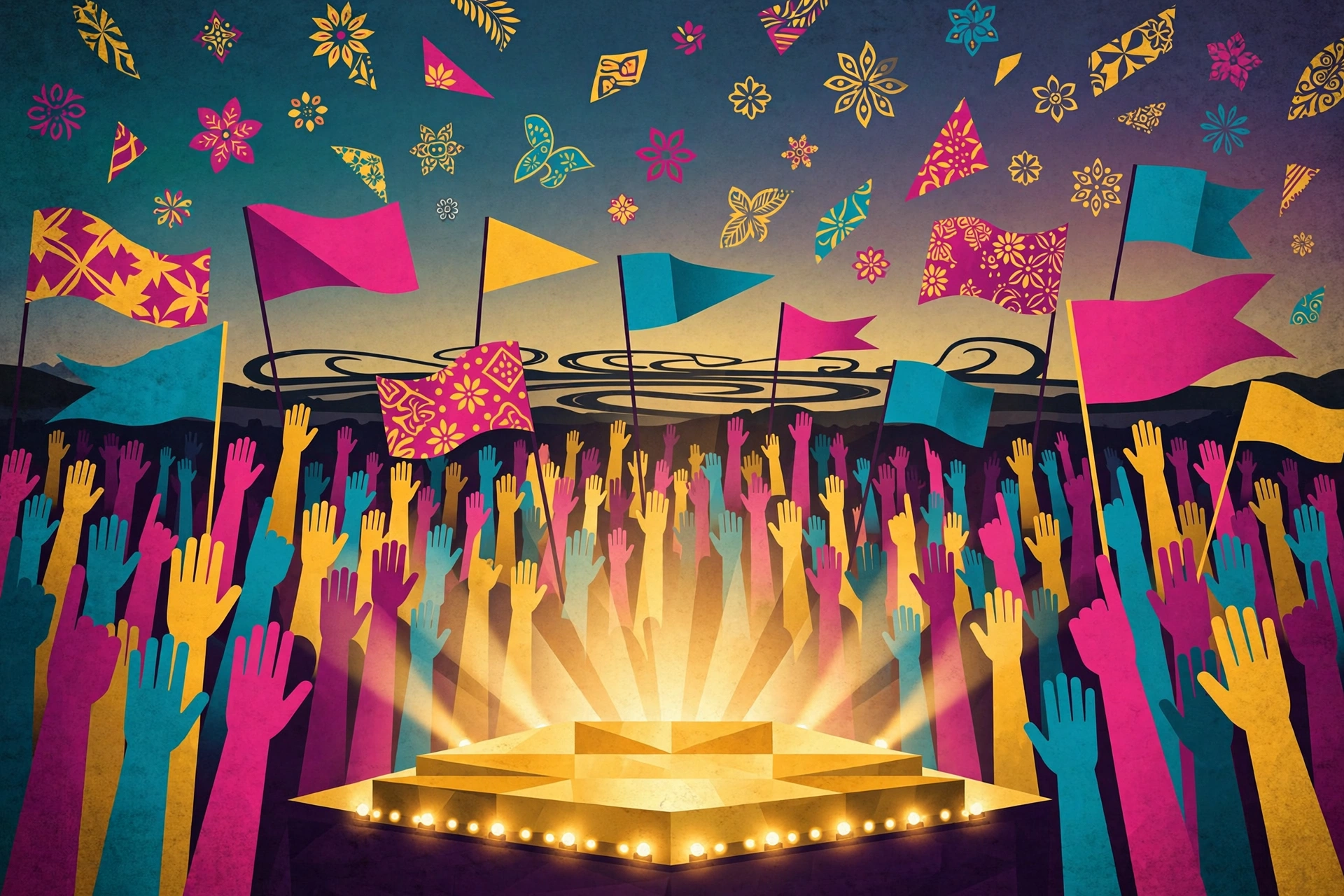 Illustration of a crowd of raised hands and flags around a glowing fan-forum stage at dusk