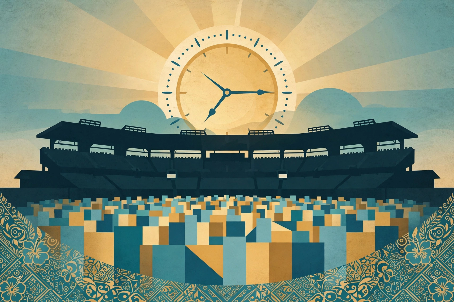 Illustration of a sunrise merged with a clock face over a grandstand silhouette and an abstract crowd