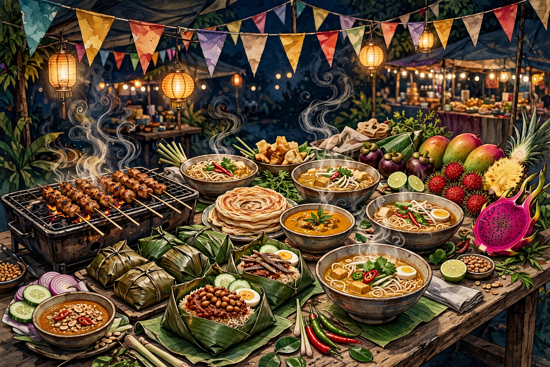 Illustration of a Malaysian hawker-stall spread of satay, nasi lemak, noodles, and tropical fruit at a night market