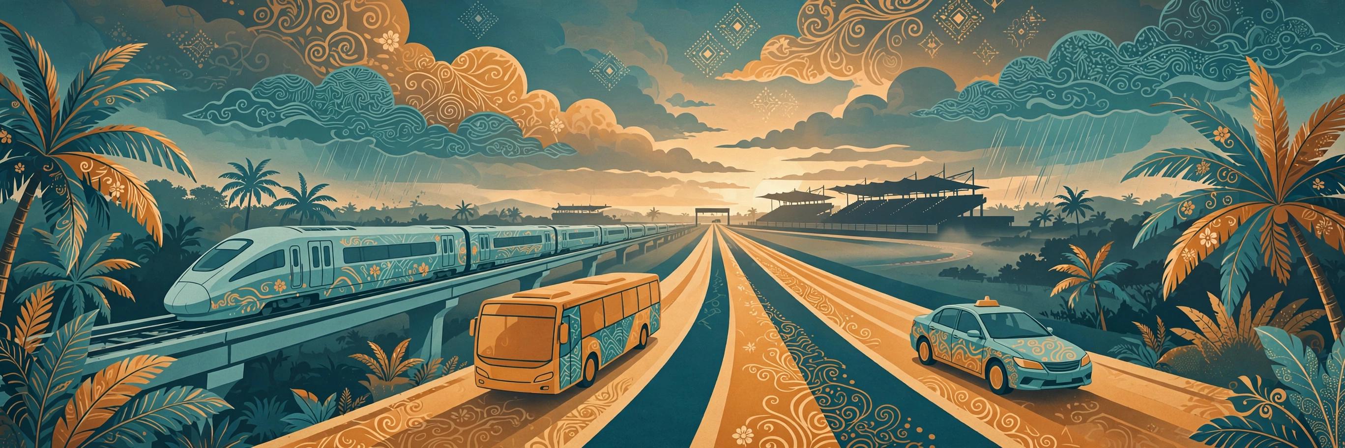 Illustration of a train, shuttle bus, and taxi converging toward a race circuit grandstand at dawn under batik-patterned monsoon clouds