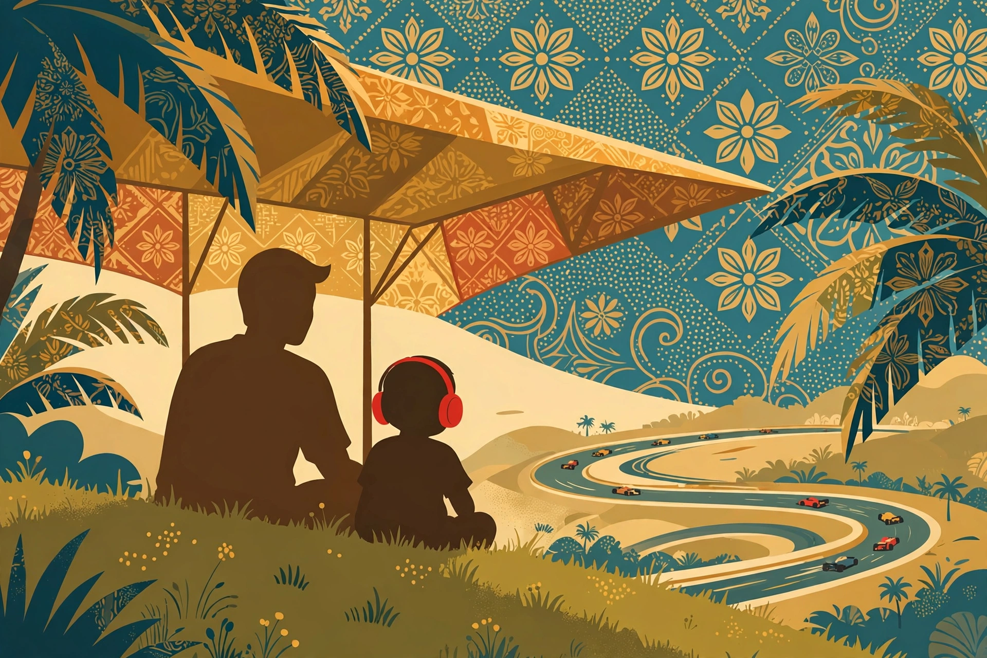 Illustration of a parent and small child wearing red earmuffs watching race cars from a shaded grassy hillstand under batik-patterned skies