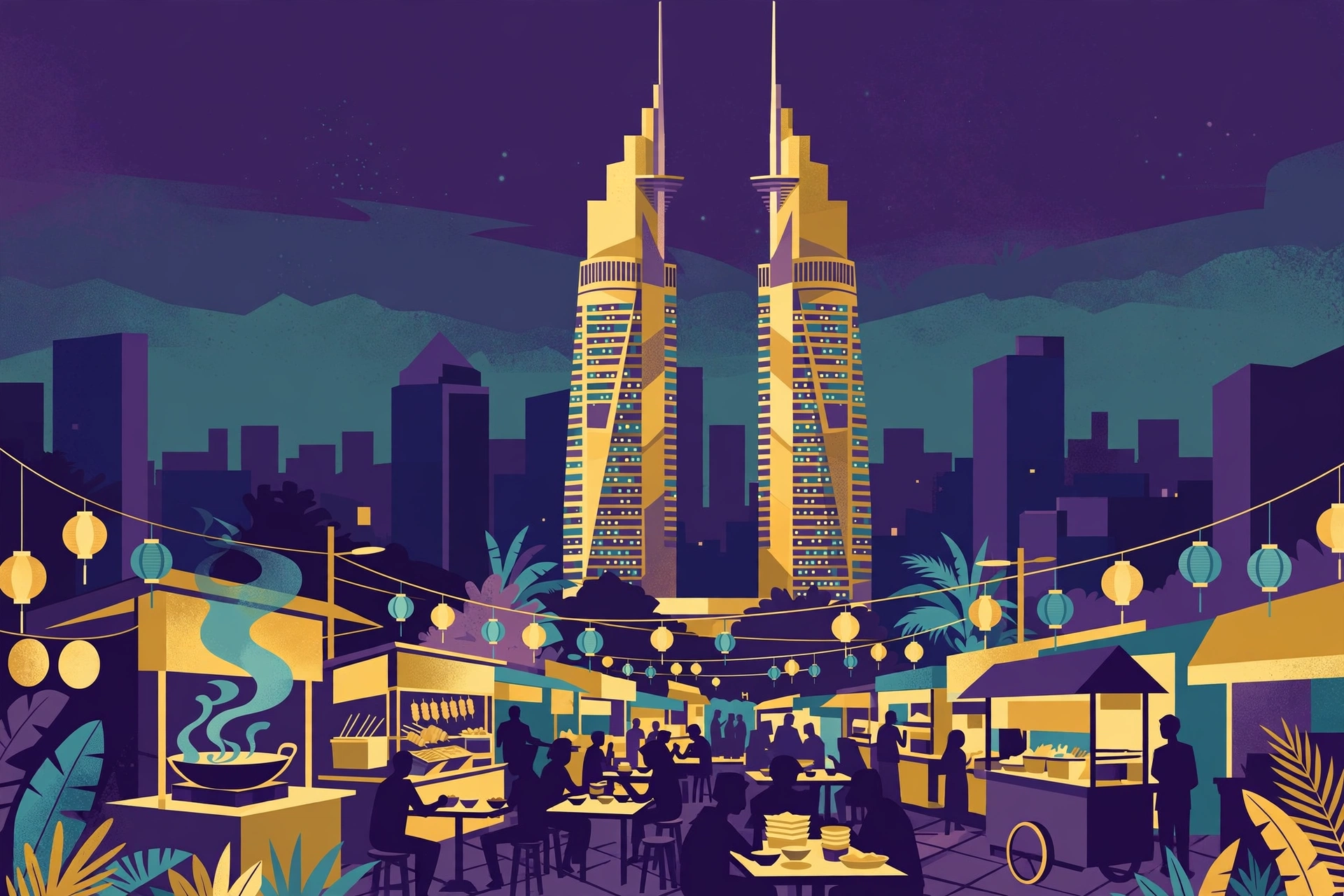 Illustration of the Kuala Lumpur skyline at dusk with twin-spire towers rising over a glowing night food street
