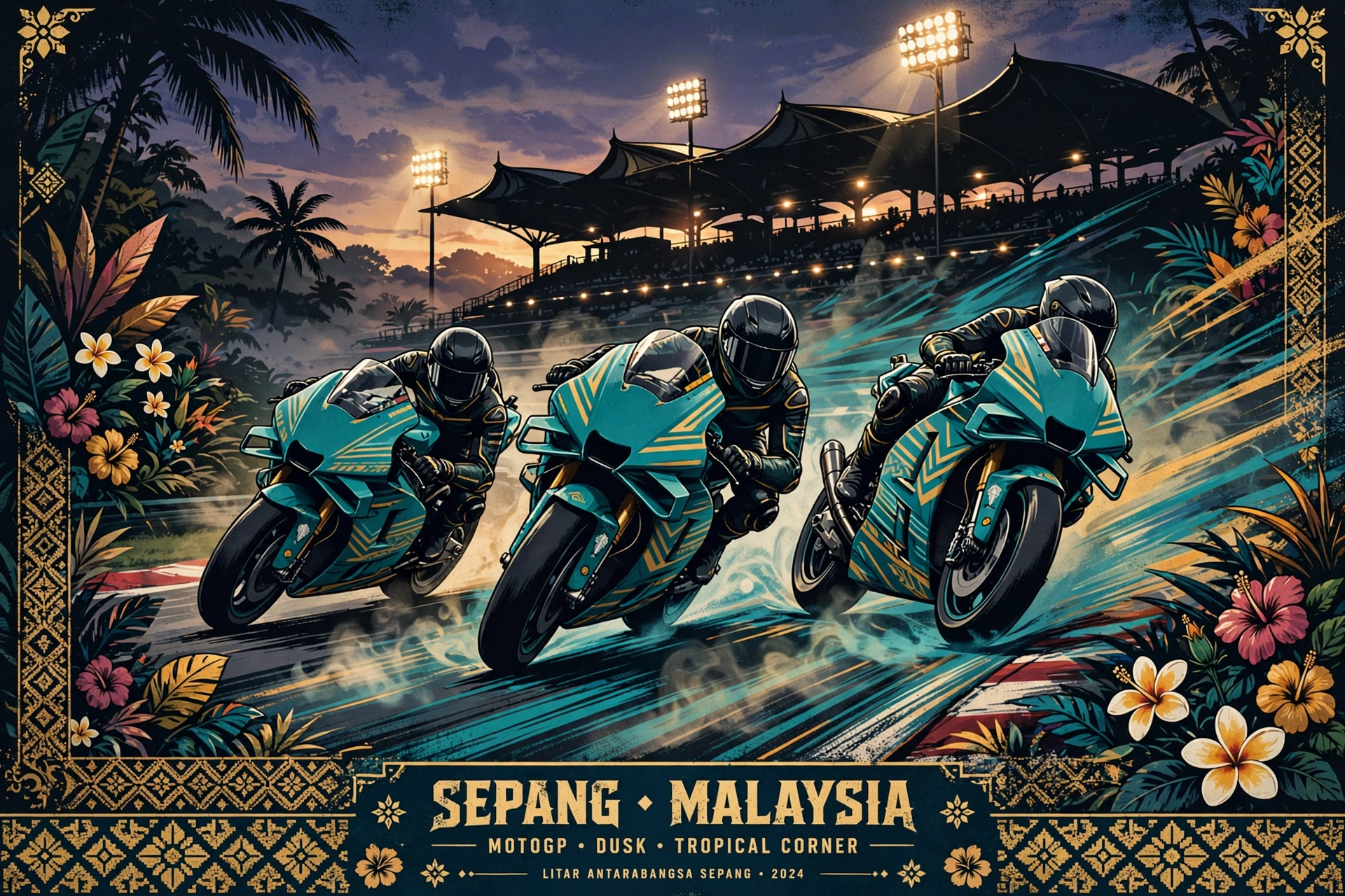 Stylized illustration of MotoGP bikes leaning through a Sepang corner at dusk