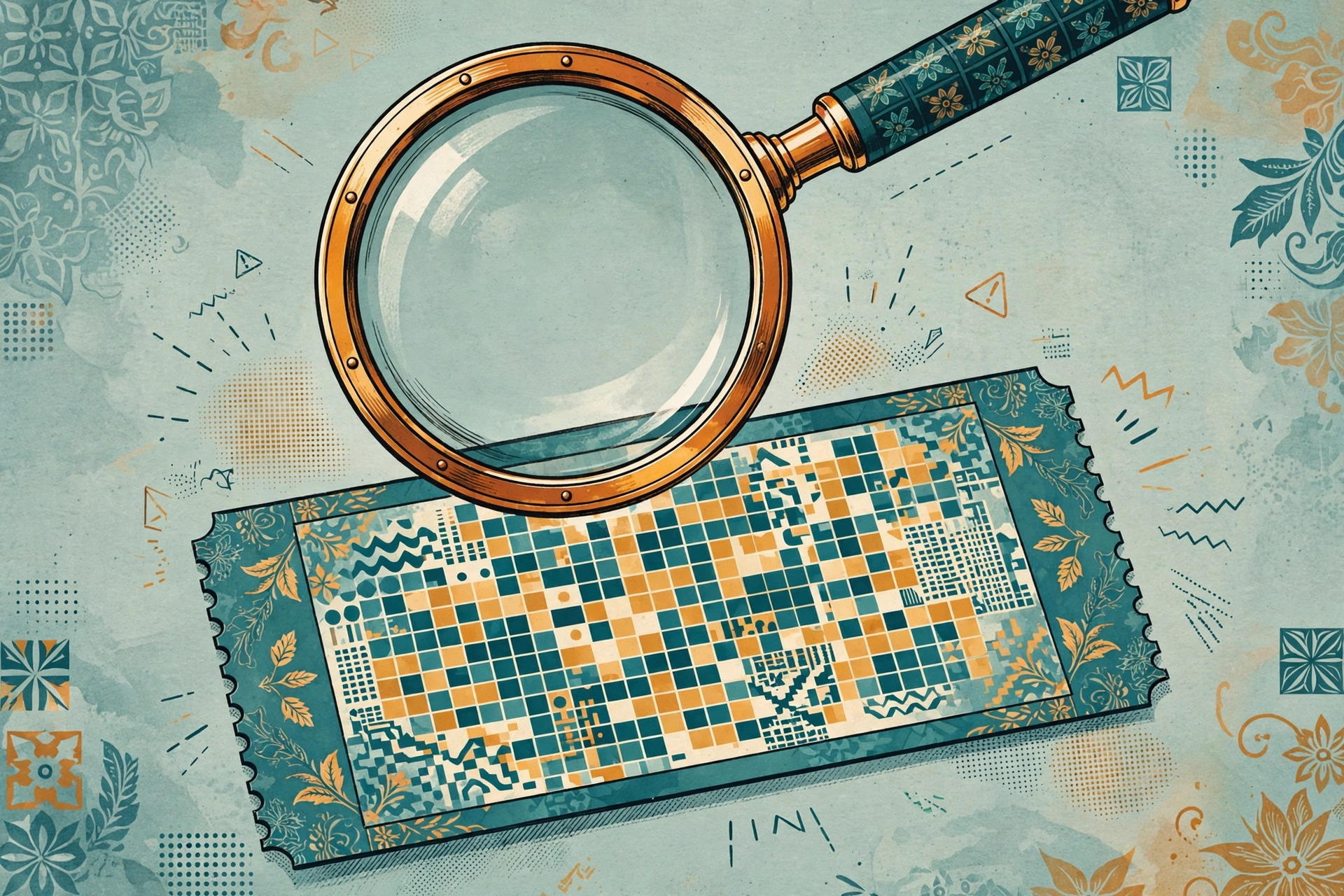 Illustration of a magnifying glass hovering over an abstract race ticket with a decorative pixel pattern, in caution-amber tones