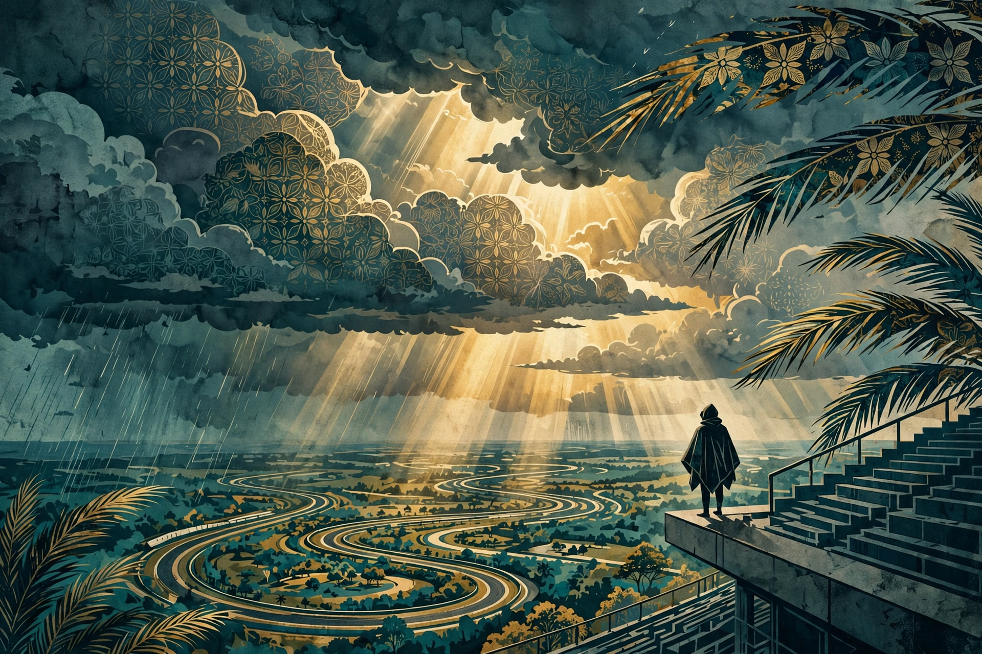 Illustration of monsoon clouds breaking over a winding race track, with a lone poncho-clad figure watching from grandstand steps