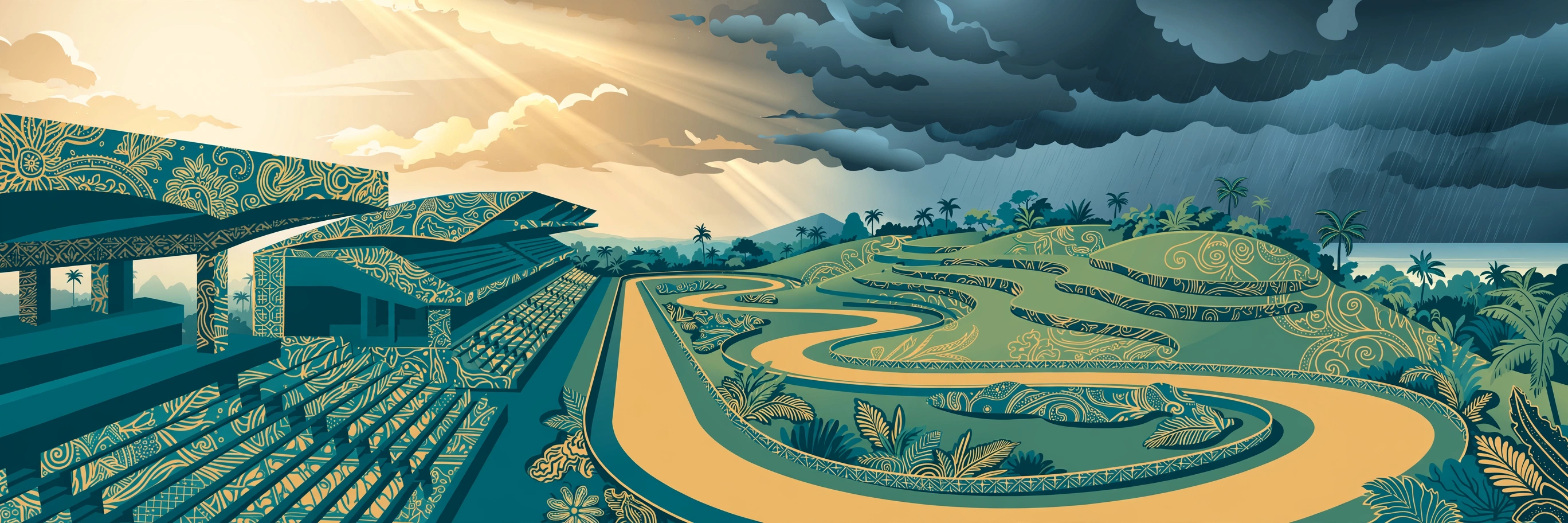 Illustration of covered grandstands overlooking a winding race track, split between bright sun and monsoon rain clouds