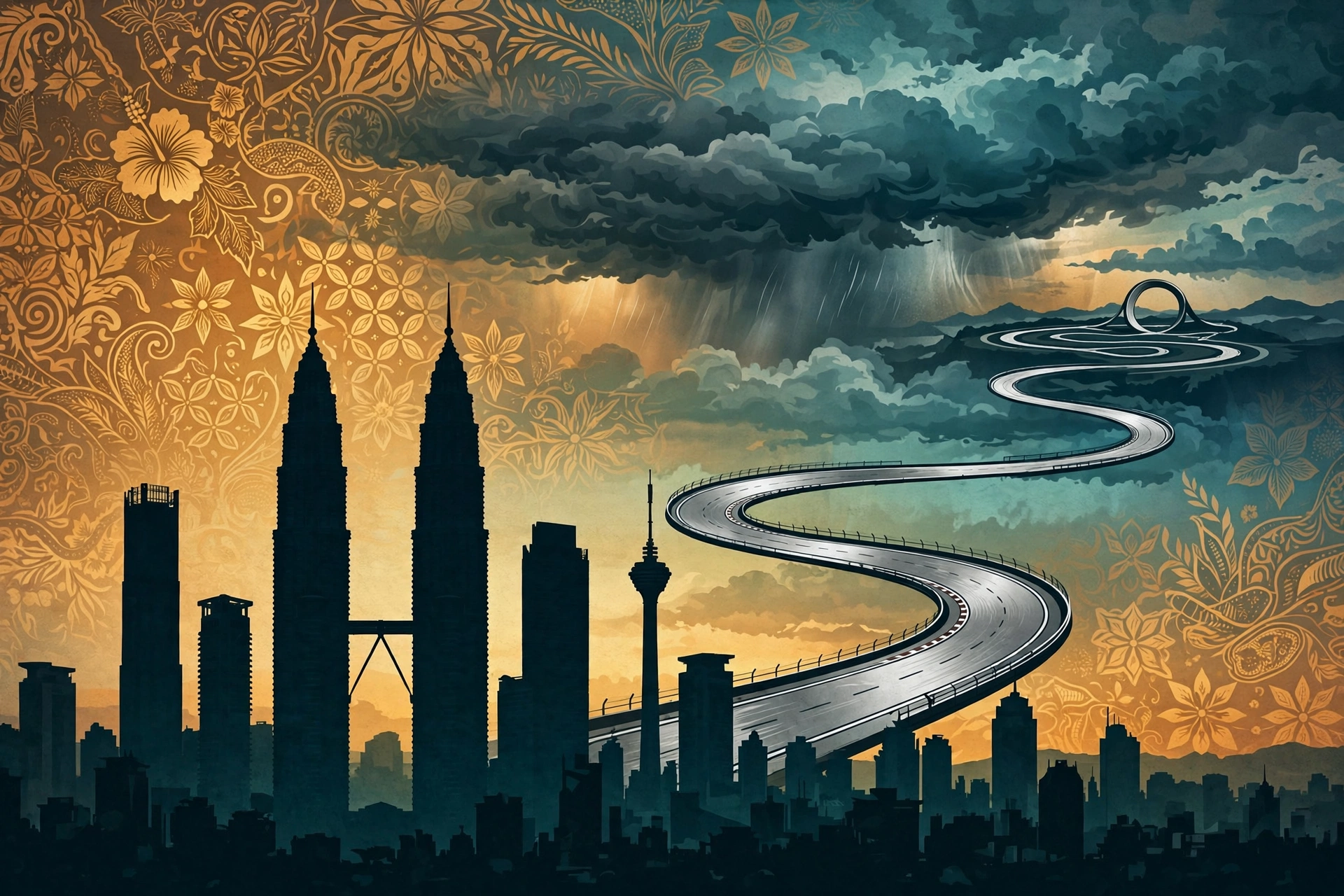 Illustration of the Kuala Lumpur skyline at dusk with a race-track ribbon flowing out of the city toward a distant circuit under monsoon clouds